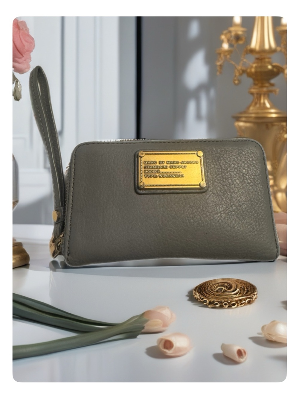 Marc by Marc Jacobs Gray Pebbled Leather Wristlet with Gold Plate